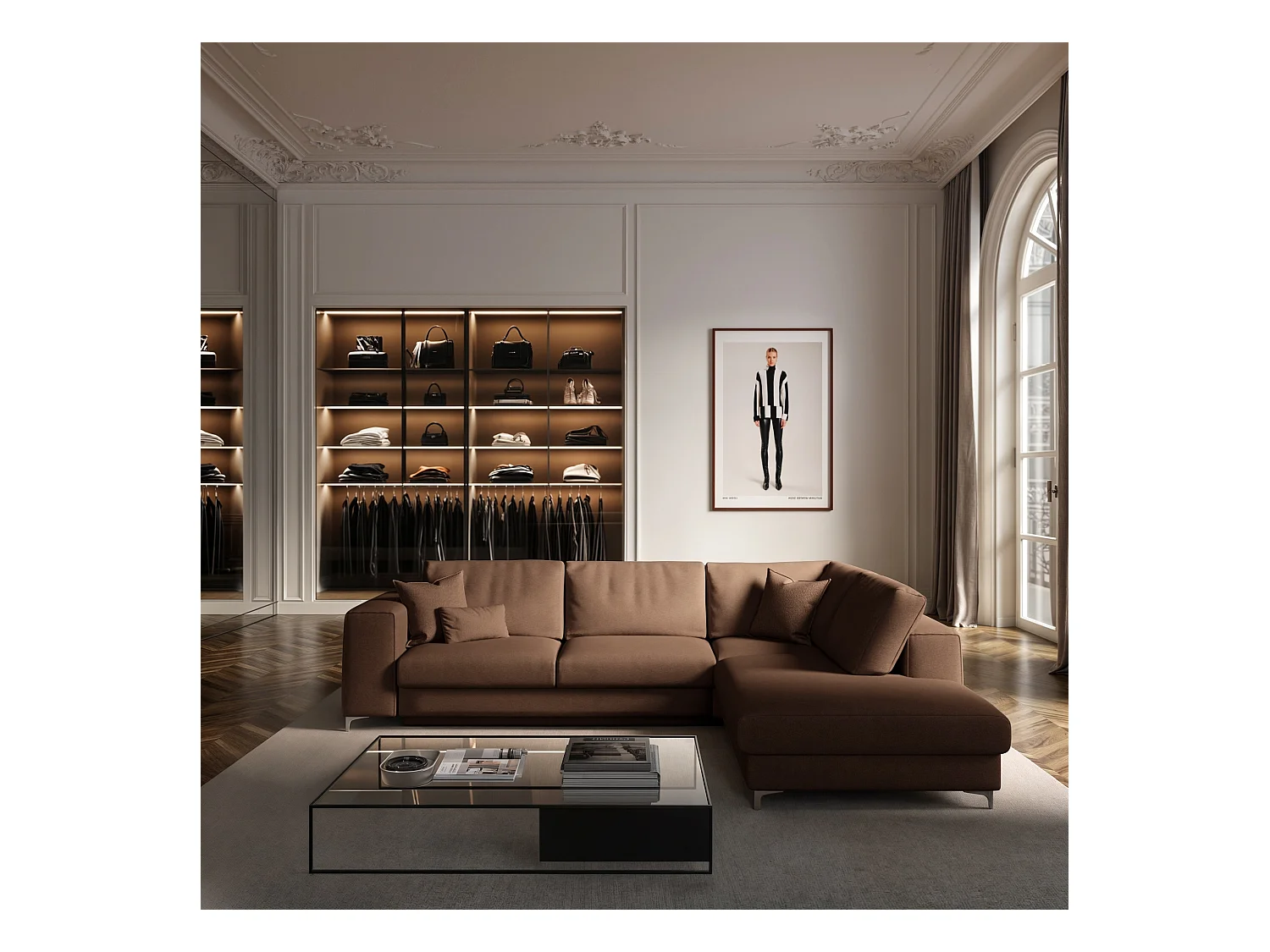 Rodier Grand canapé d'angle droit convertible Rene marron