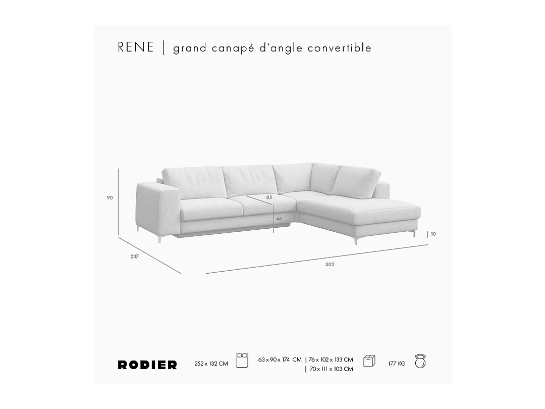 Rodier Grand canapé d'angle droit convertible Rene marron