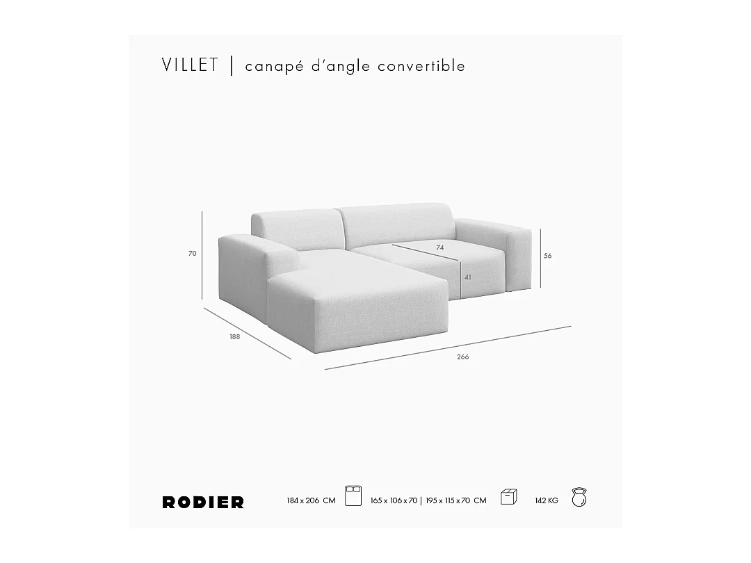 Rodier Canapé d'angle gauche convertible Villet beige
