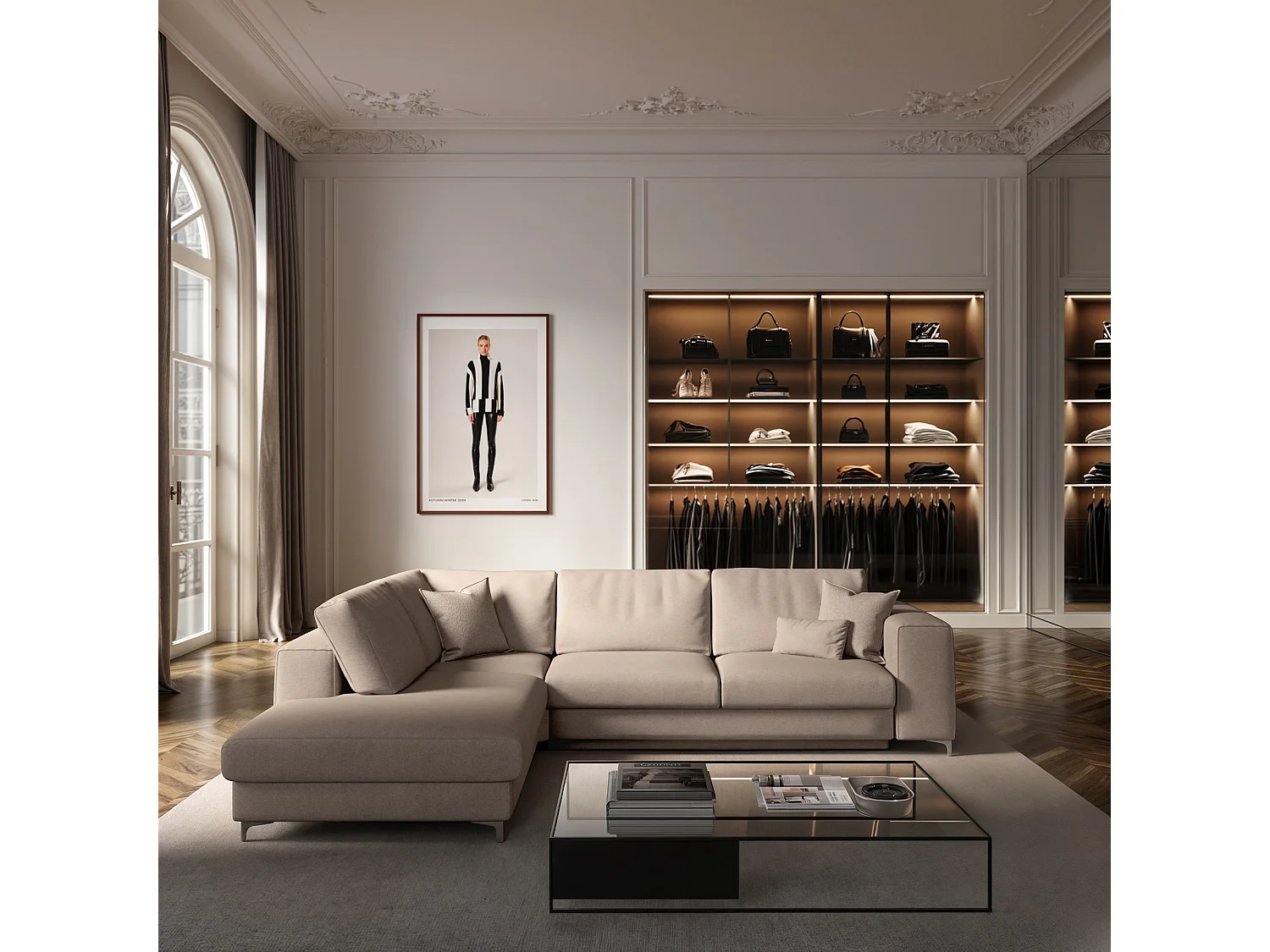 Rodier Grand Canapé d'angle gauche convertible Rene beige