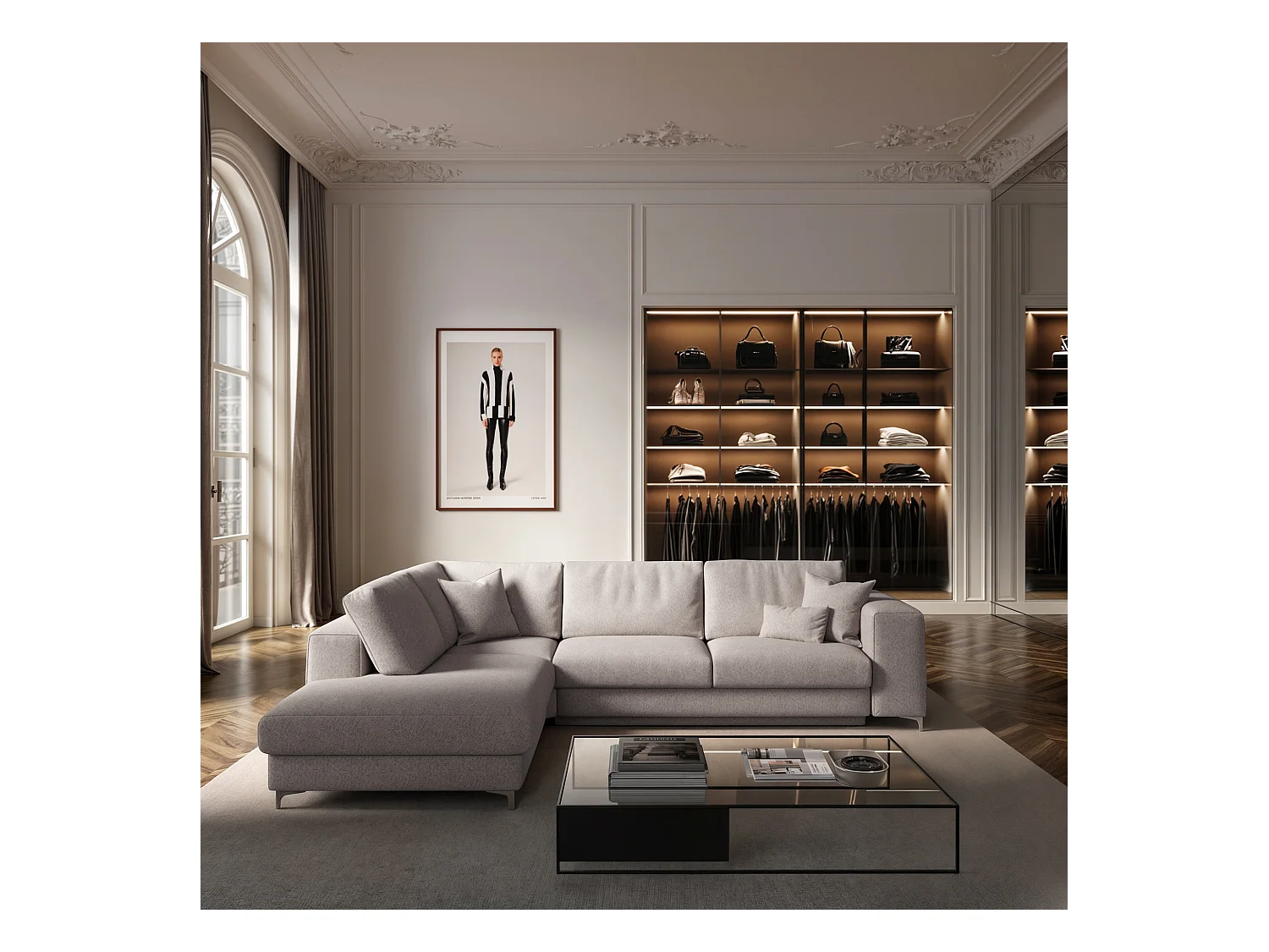 Rodier Grand Canapé d'angle gauche convertible Rene gris clair