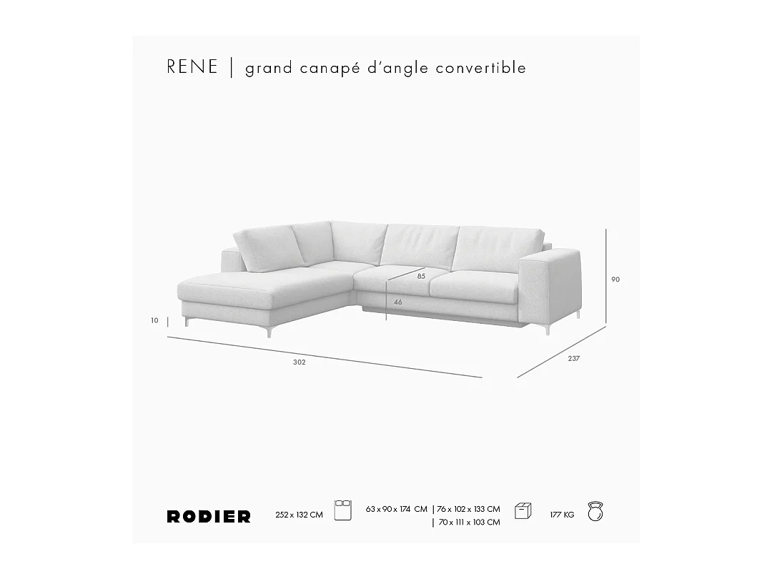 Rodier Grand Canapé d'angle gauche convertible Rene gris clair