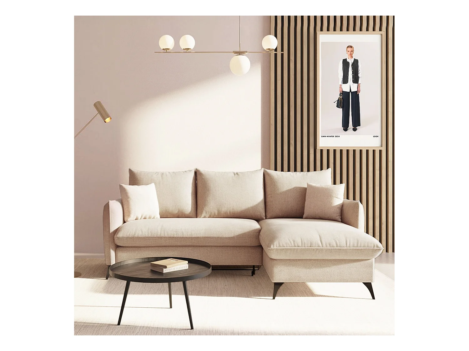 Rodier Canapé d'angle droit convertible Brim beige clair