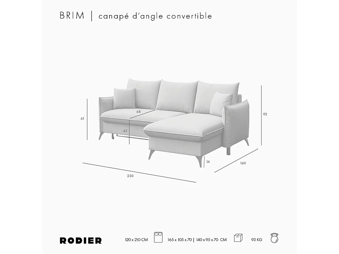 Rodier Canapé d'angle droit convertible Brim beige clair