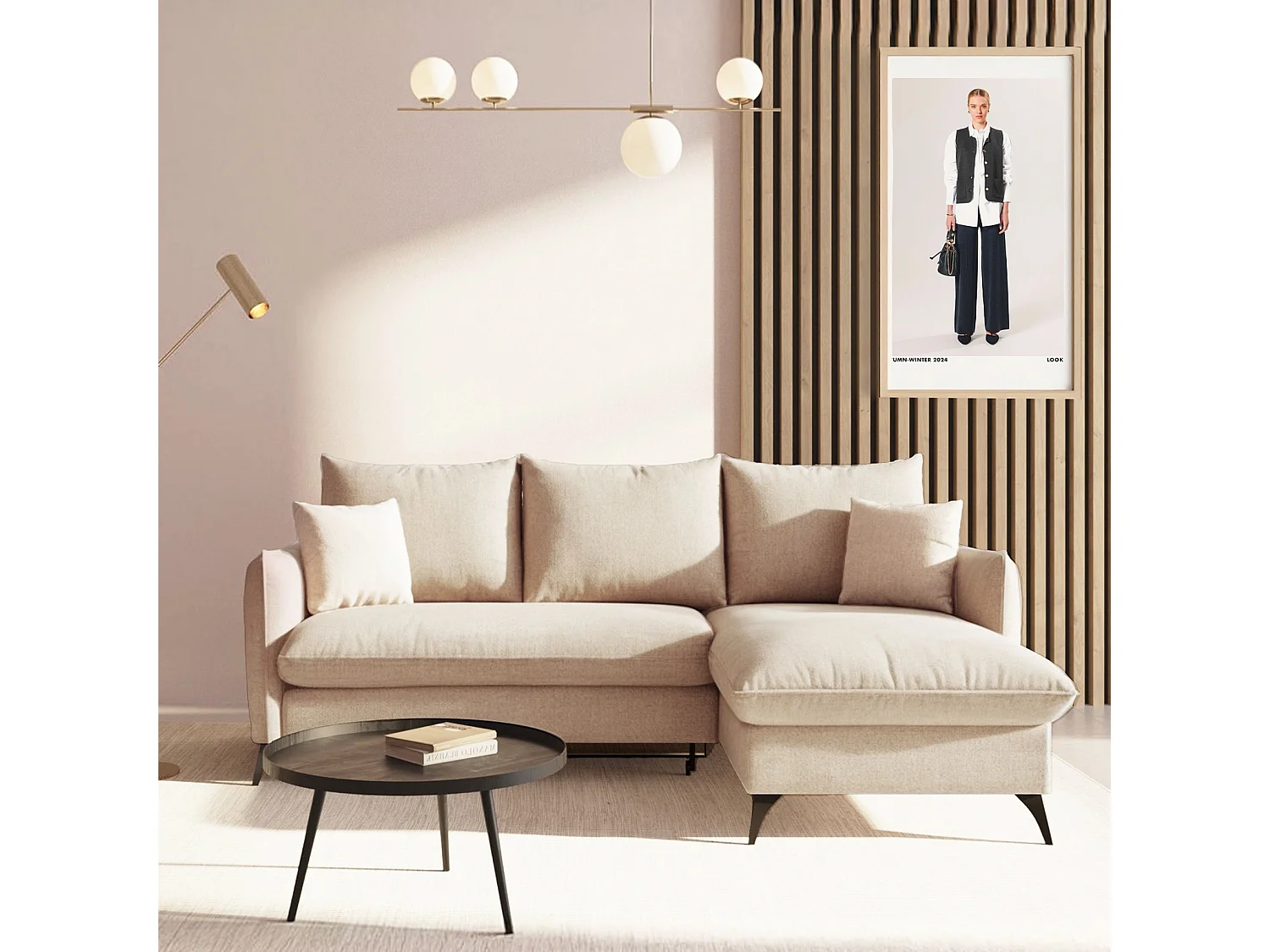 Rodier Canapé d'angle droit convertible Brim beige clair