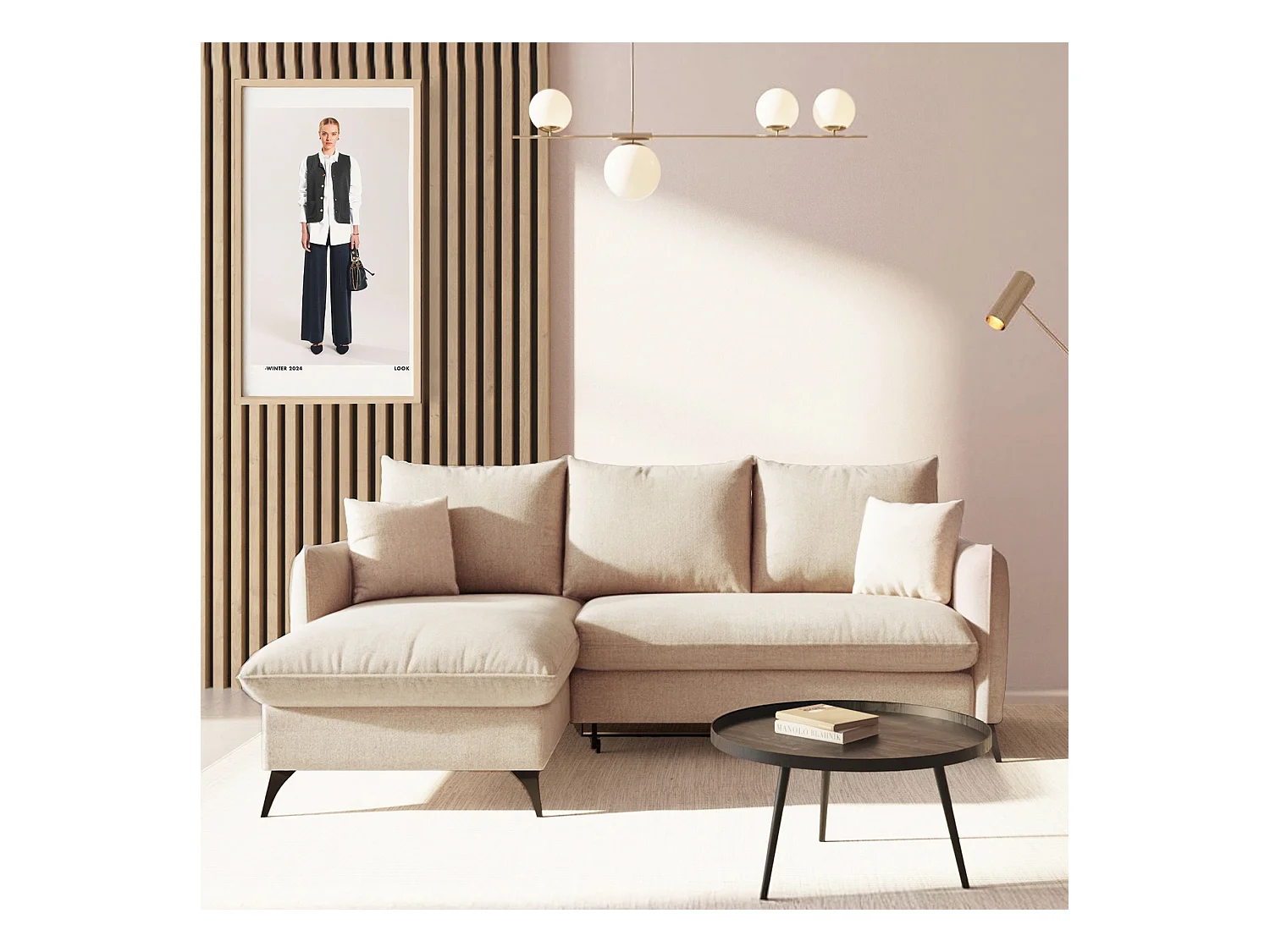 Rodier Canapé d'angle gauche convertible Brim beige clair