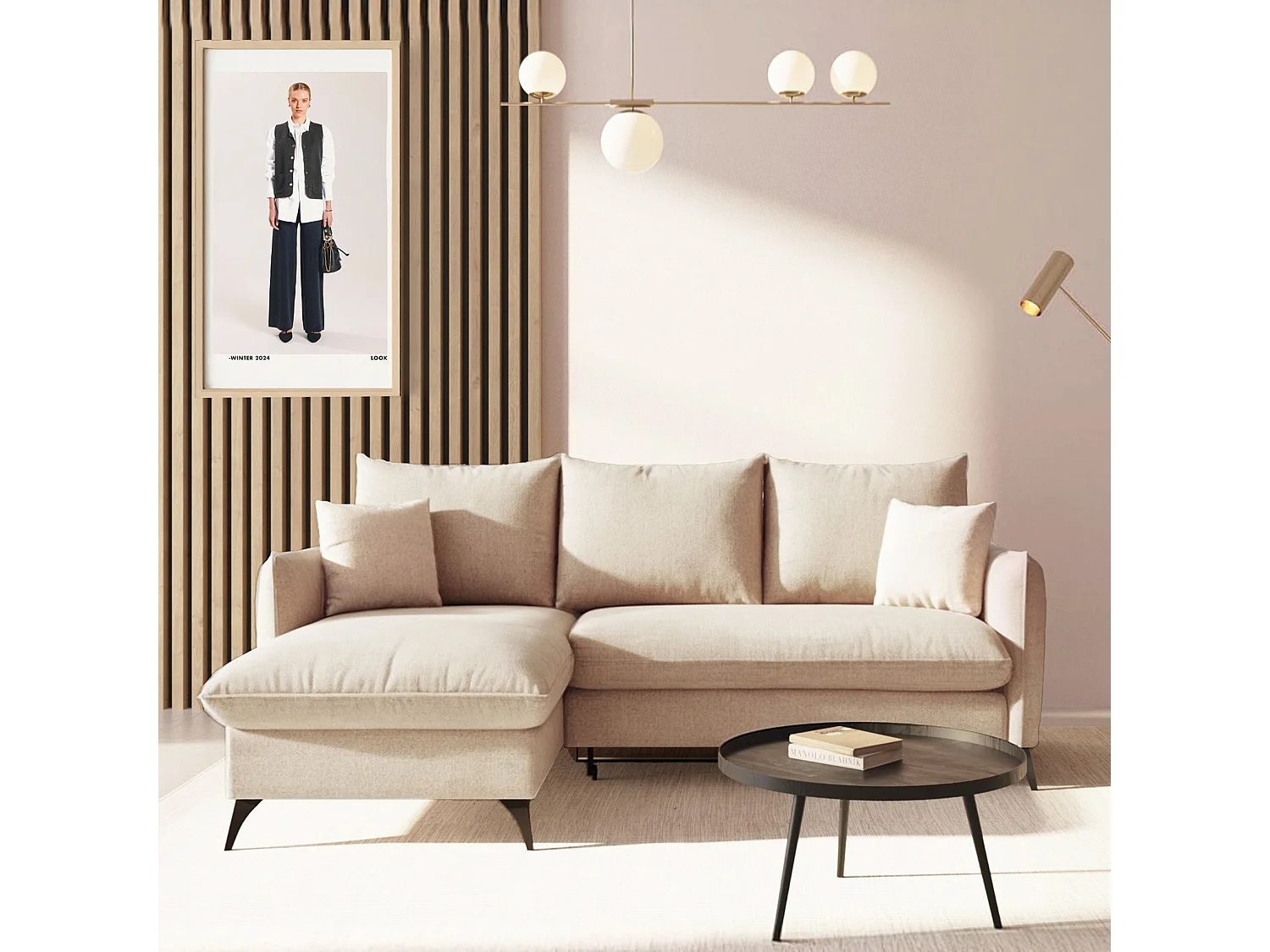 Rodier Canapé d'angle gauche convertible Brim beige clair