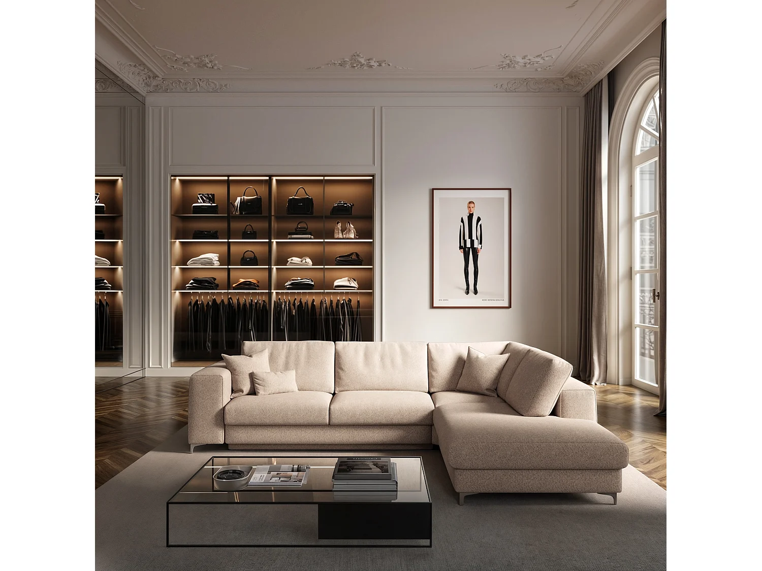 Rodier Grand canapé d'angle droit convertible Rene beige clair