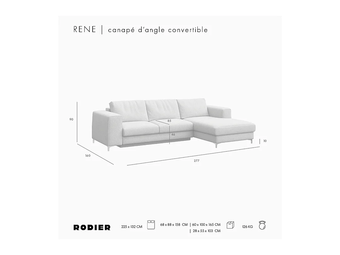 Rodier Canapé d'angle droit convertible Rene gris cendré