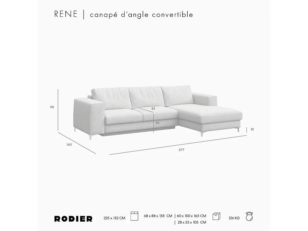 Rodier Canapé d'angle droit convertible Rene marron