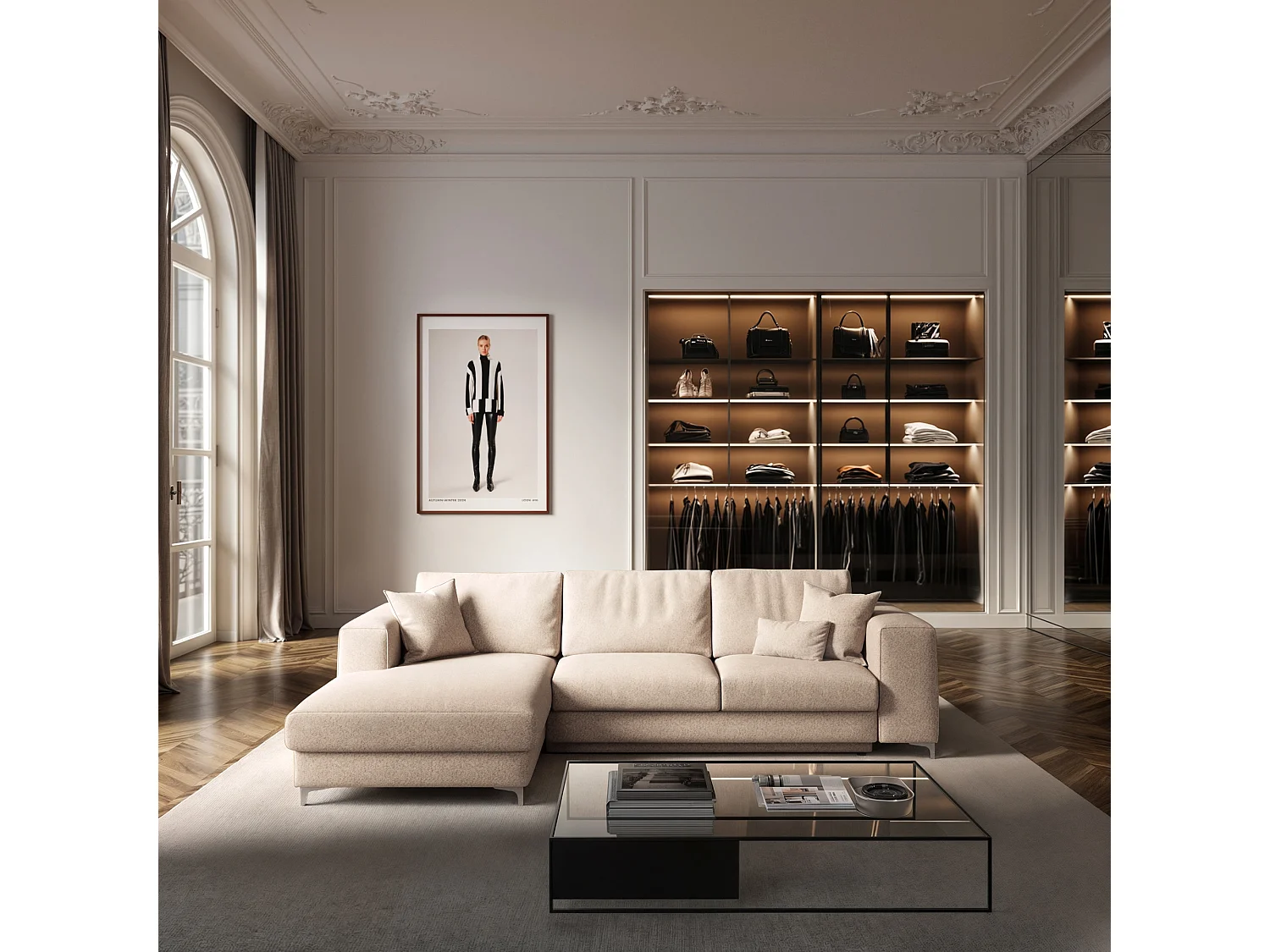 Rodier Canapé d'angle gauche convertible Rene beige clair