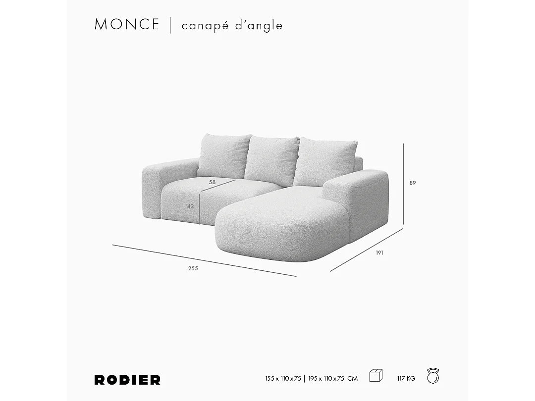 Rodier Canapé d'angle droit Monce beige clair