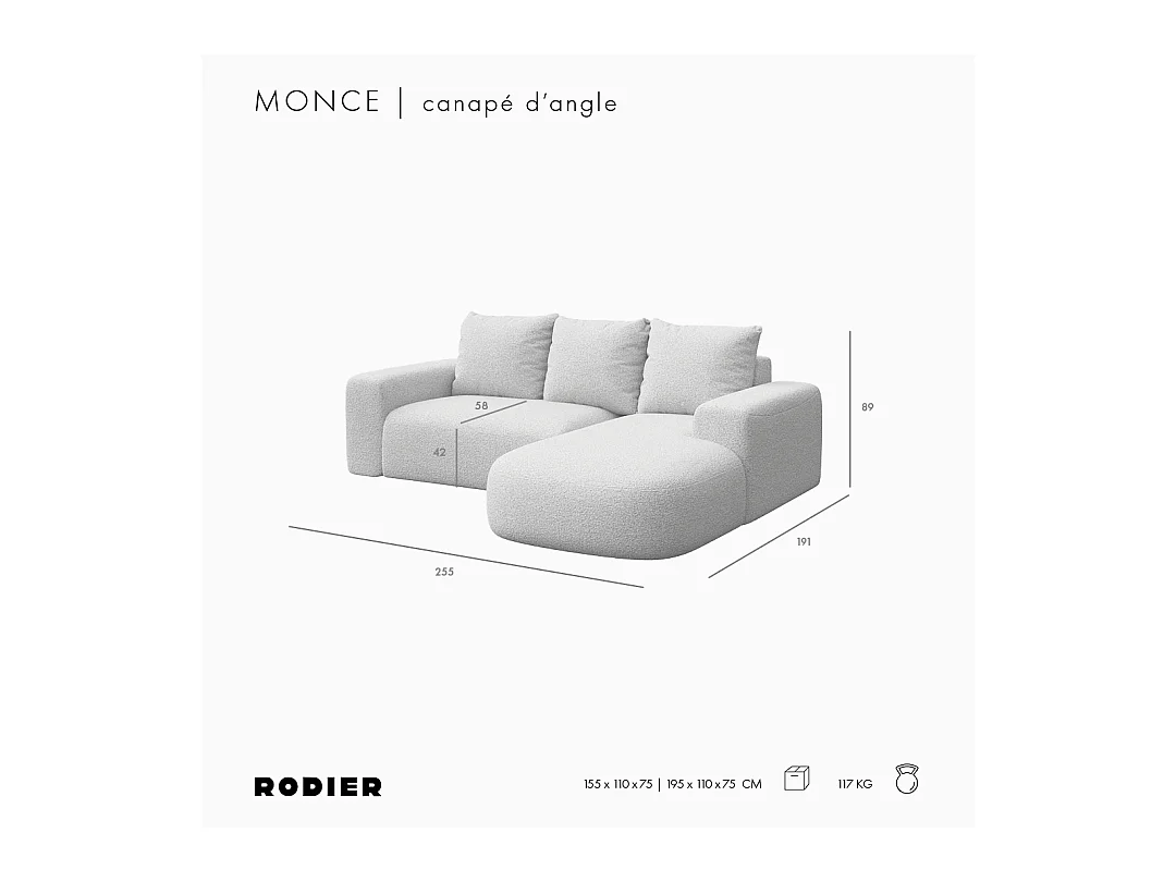 Rodier Canapé d'angle droit Monce beige