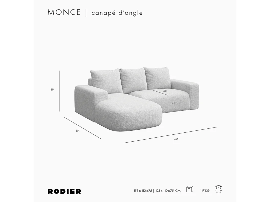 Rodier Canapé d'angle gauche Monce gris clair