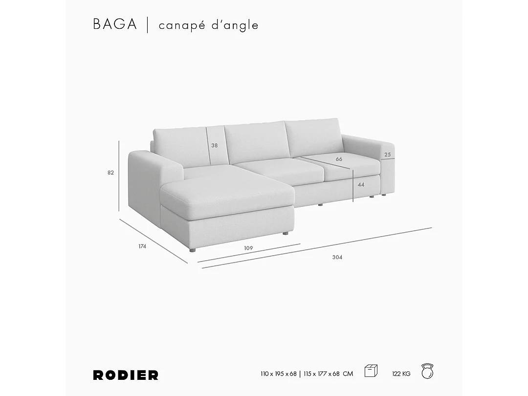 Rodier Grand Canapé d'angle gauche Baga crème