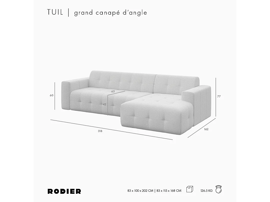 Rodier Grand canapé d'angle droit Tuil gris argenté