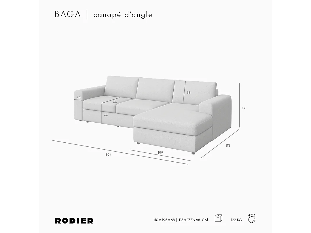 Rodier Grand canapé d'angle droit Baga camel