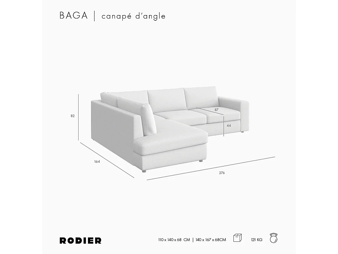 Rodier Canapé d'angle gauche Baga gris clair