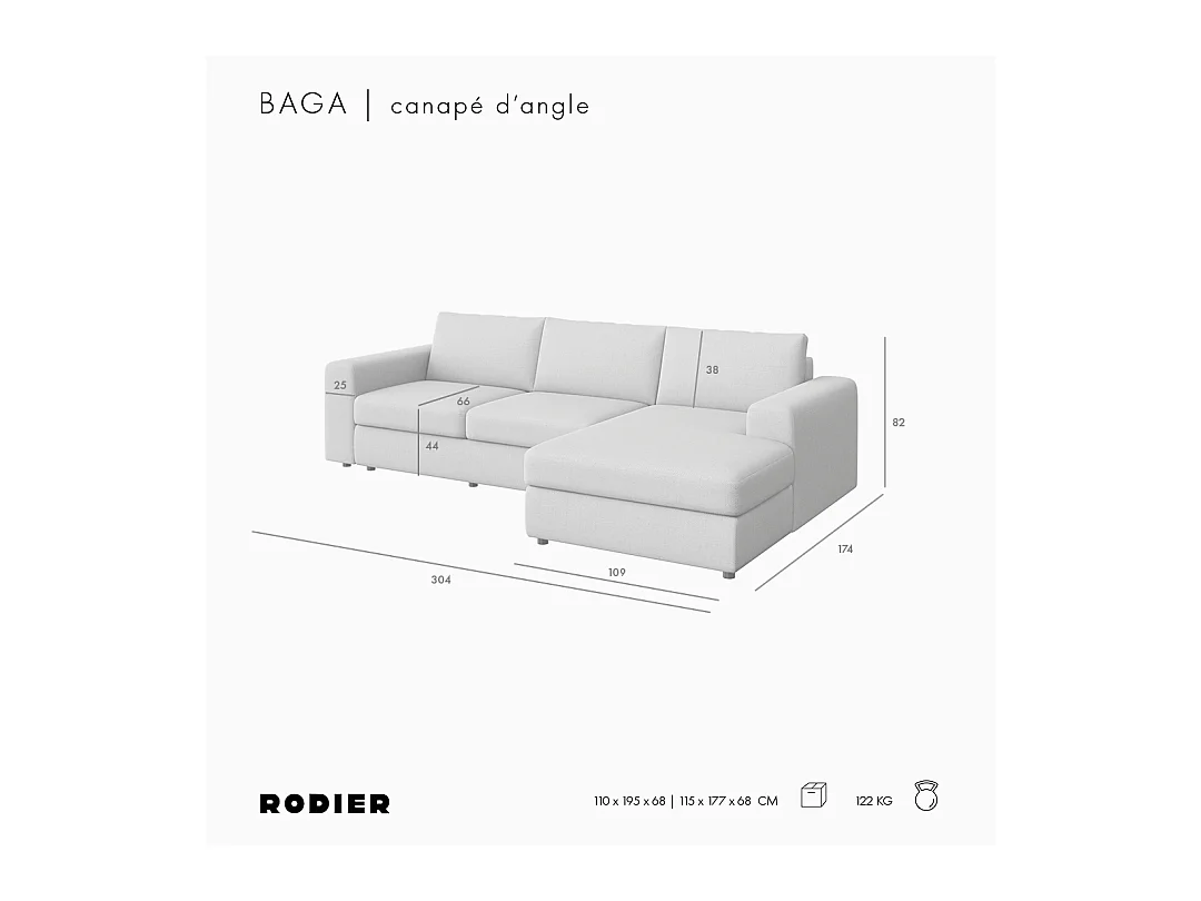 Rodier Grand canapé d'angle droit Baga gris