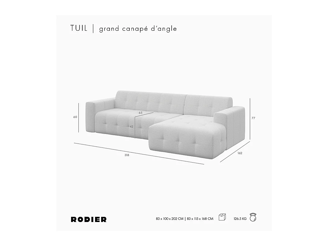 Rodier Grand canapé d'angle droit Tuil beige foncé