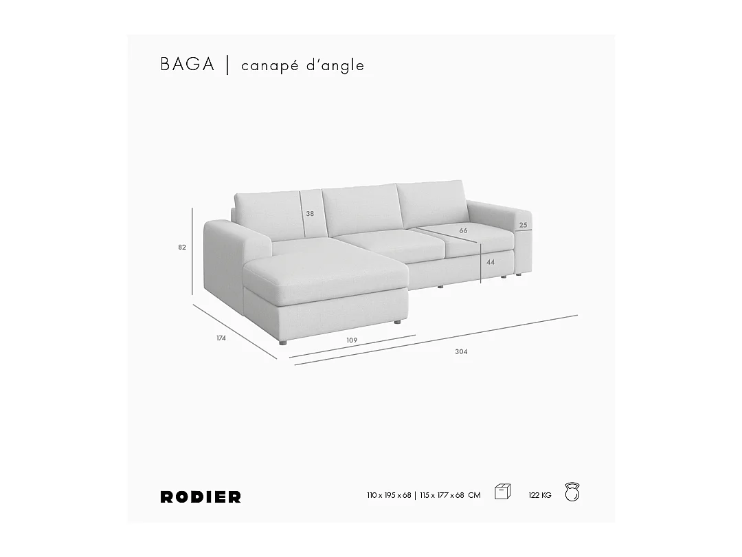 Rodier Grand Canapé d'angle gauche Baga gris clair