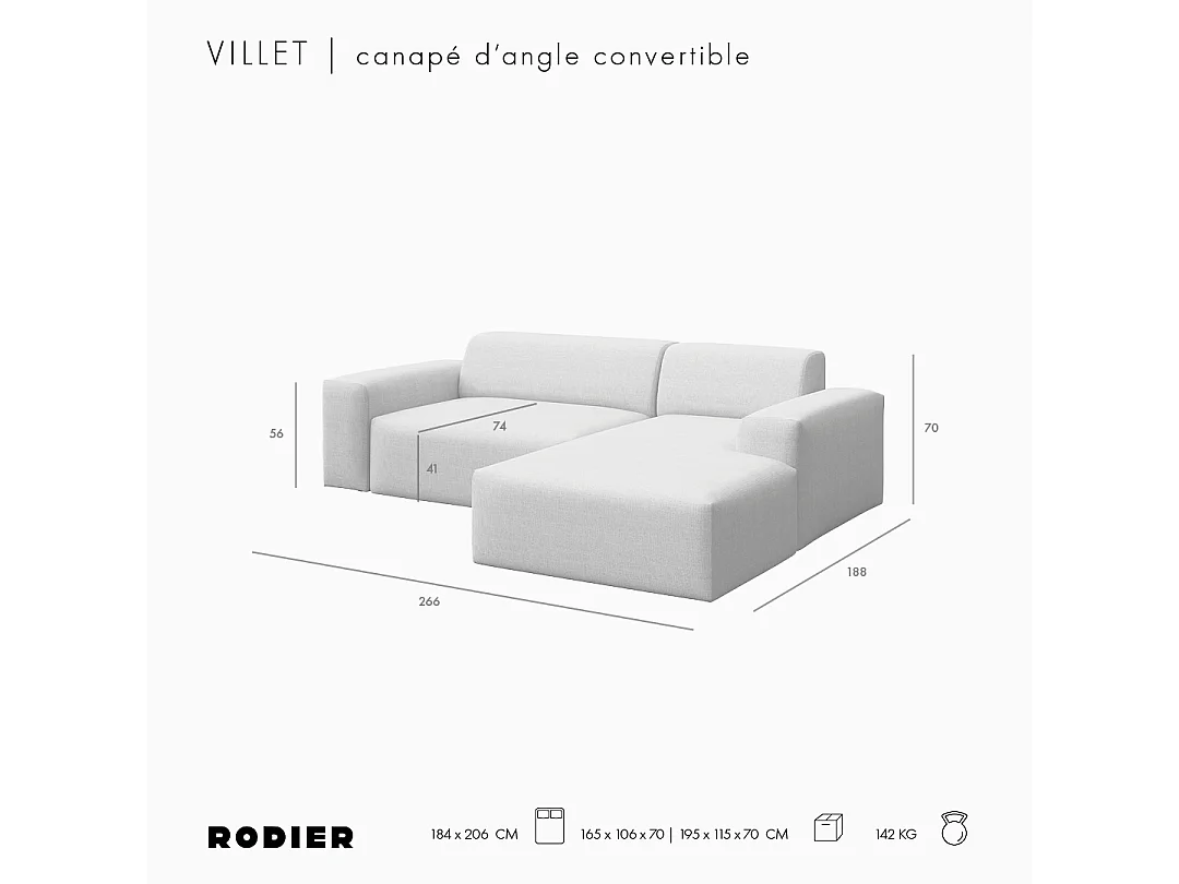 Rodier Canapé d'angle droit Villet beige clair