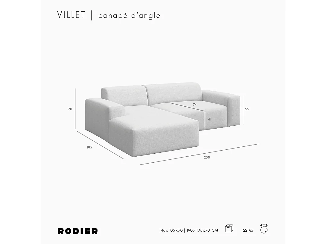 Rodier Canapé d'angle gauche Villet gris cendré