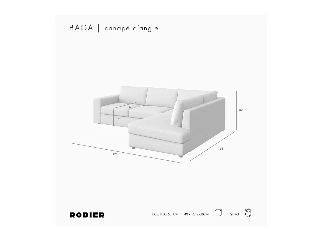 Rodier Canapé d'angle droit Baga gris clair