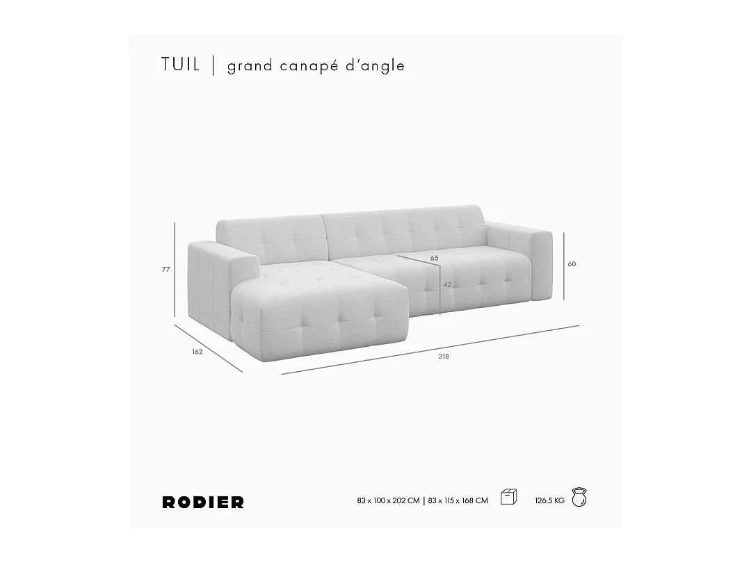 Rodier Grand Canapé d'angle gauche Tuil gris
