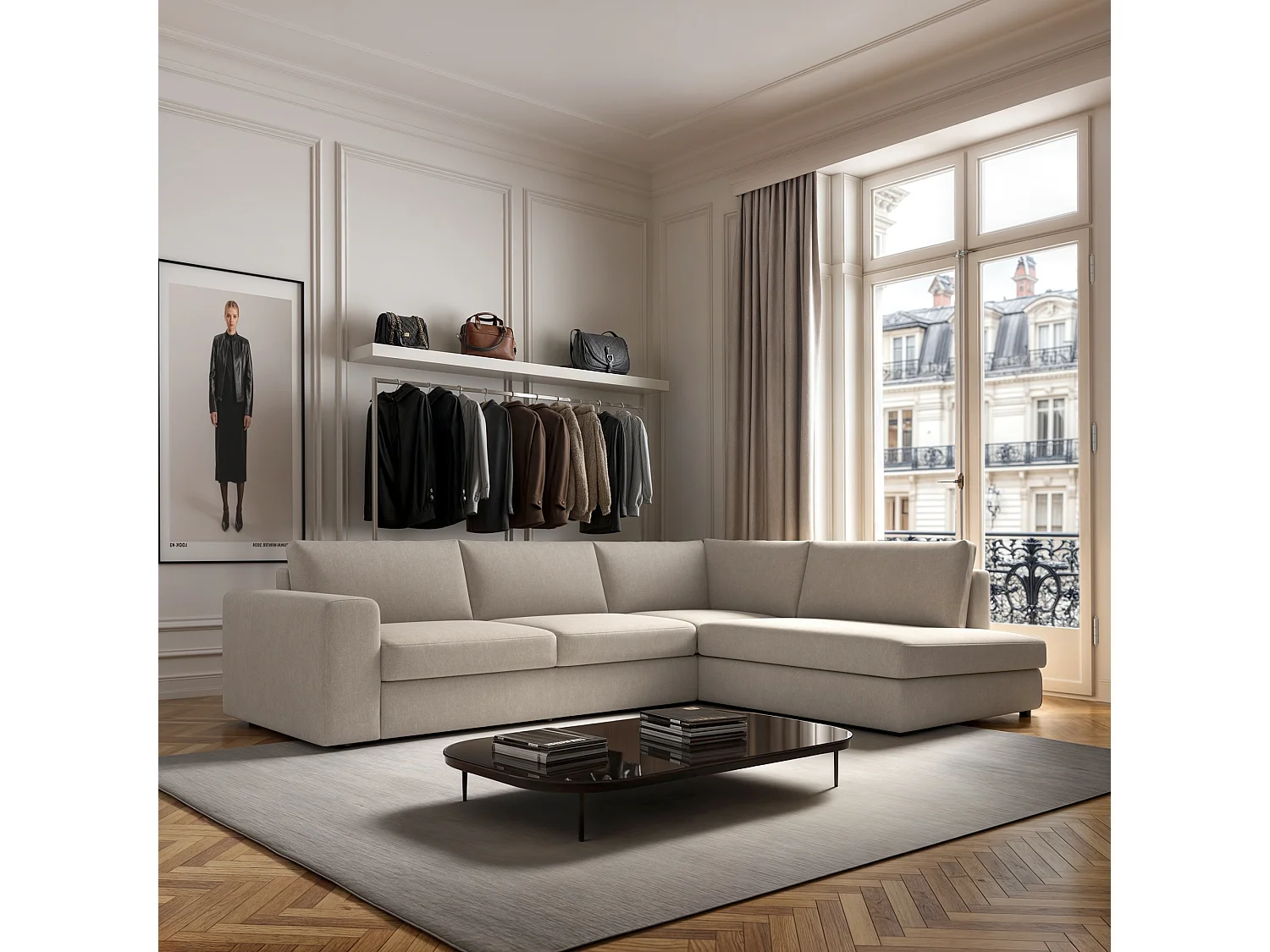 Rodier Canapé d'angle droit Baga beige clair