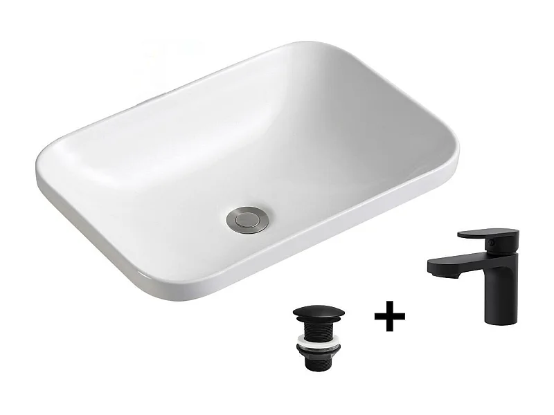 Rechteckiges Einbauwaschbecken 53x37cm + Wasserhahn + PALMA-Ablaufgarnitur