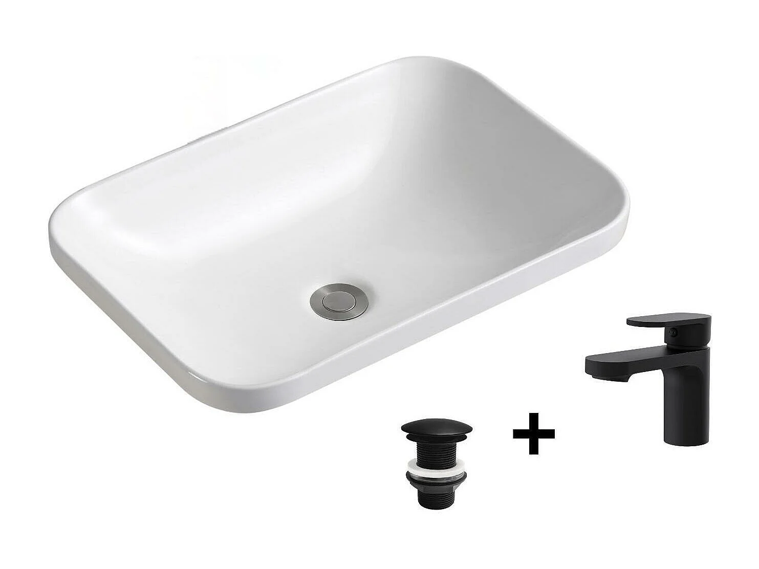 Vasque à encastrer rectangulaire 53x37cm + robinet et bonde noirs