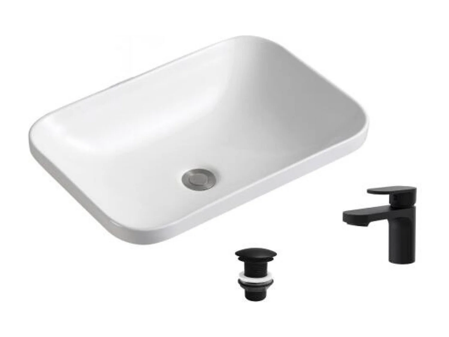 Vasque à encastrer rectangulaire 53x37cm + robinet et bonde noirs