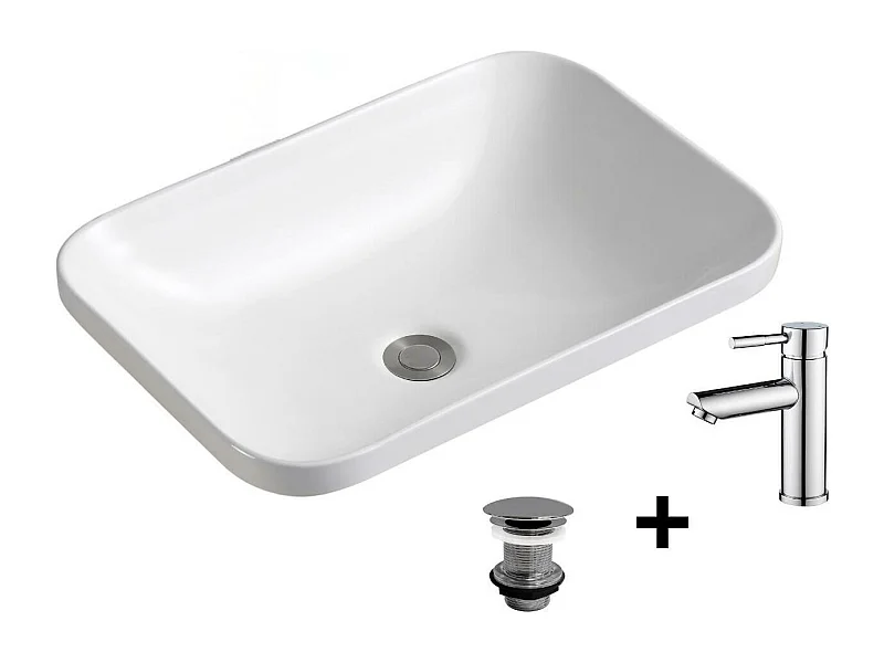 Rechteckiges Einbauwaschbecken 53x37cm + Wasserhahn + PALMA-Ablaufgarnitur