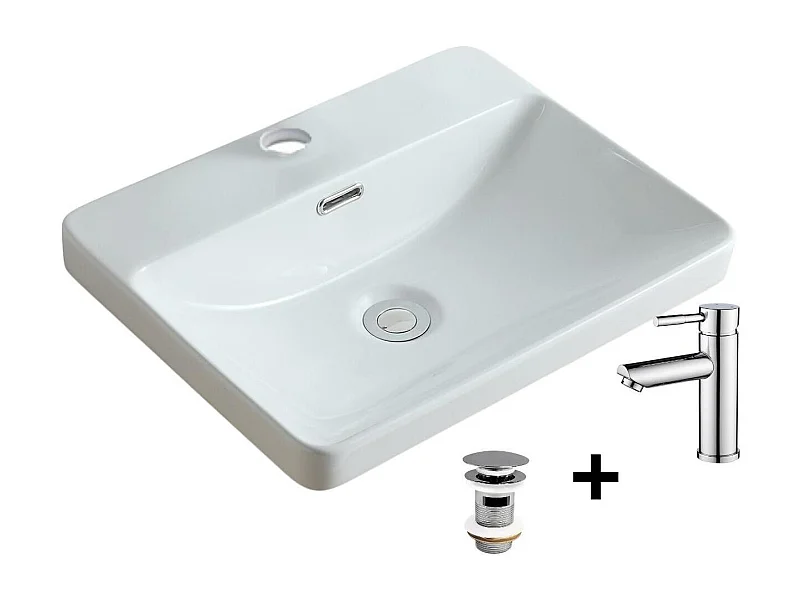 Rechteckiges Einbauwaschbecken 48x37 + Wasserhahn + LEA-Ablaufgarnitur