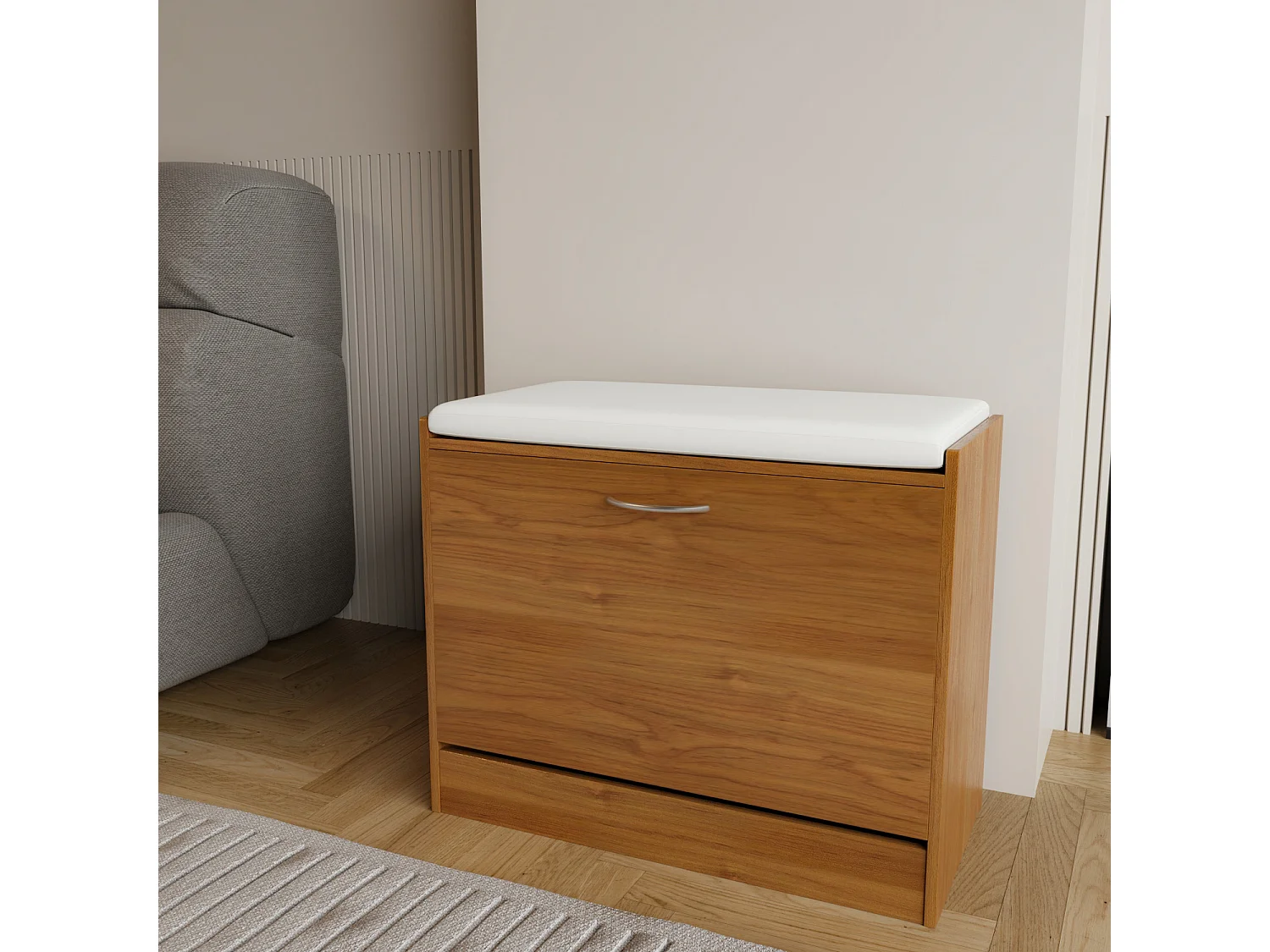 Panca Scarpiera Da Ingresso Salvaspazio Cuscino Anta Ribalta Seduta Imbottita In Ecopelle Soggiorno Casa Camera Ufficio 60 x 30 x 48 Cm Noce