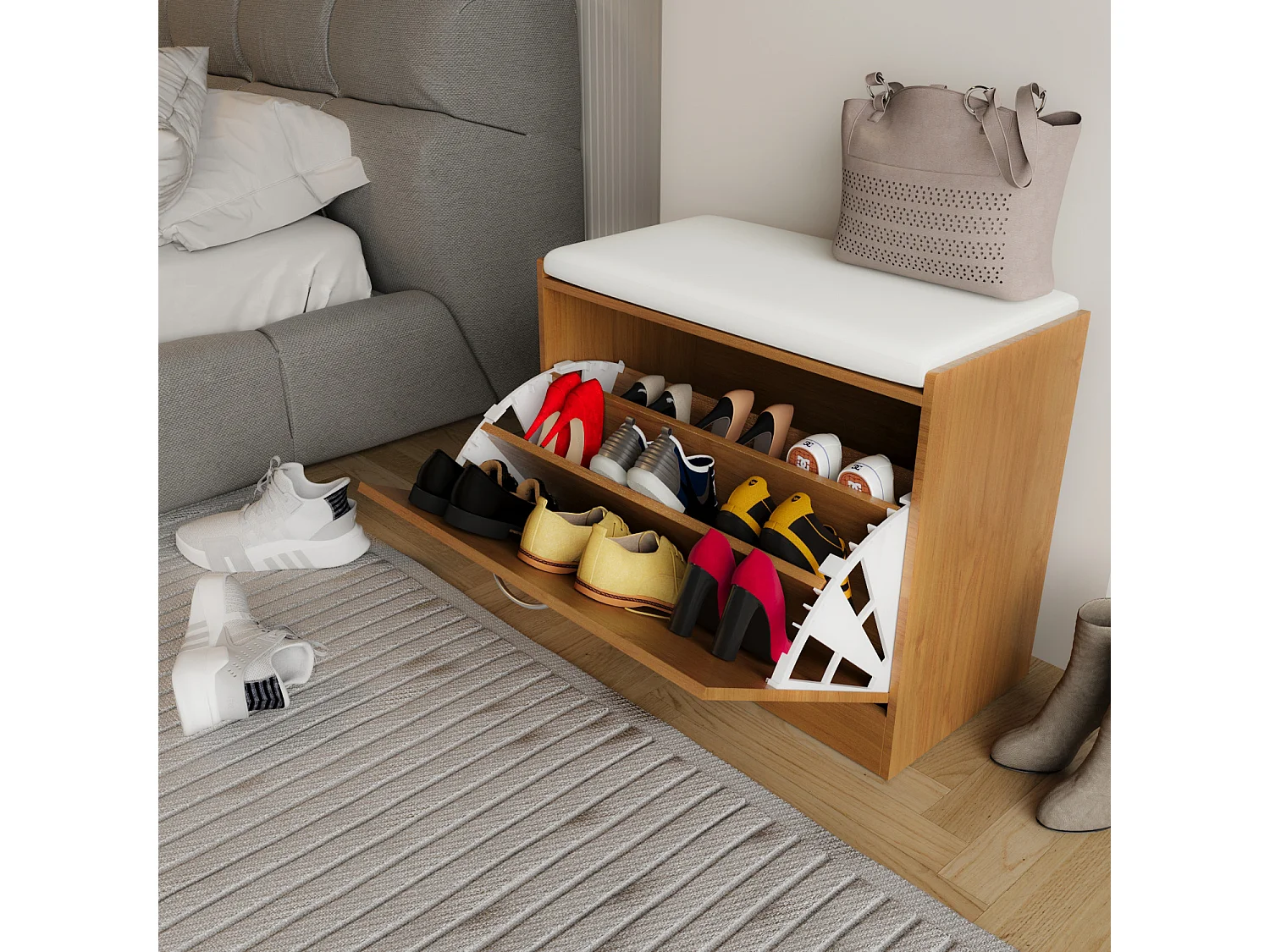 Panca Scarpiera Da Ingresso Salvaspazio Cuscino Anta Ribalta Seduta Imbottita In Ecopelle Soggiorno Casa Camera Ufficio 60 x 30 x 48 Cm Noce