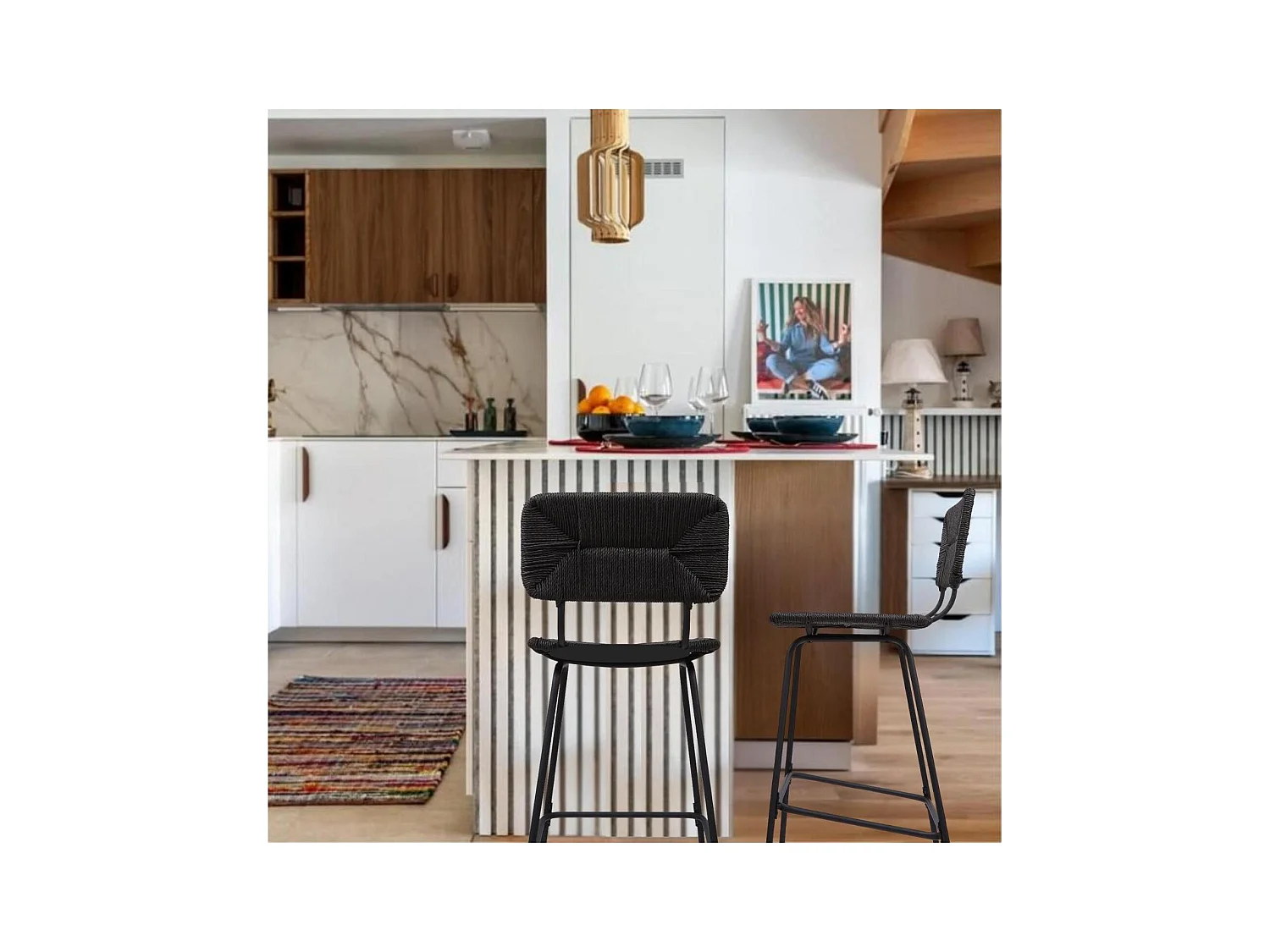 Set aus Metallinsel und Barhockern mit Rattansitz 65cm NEMA