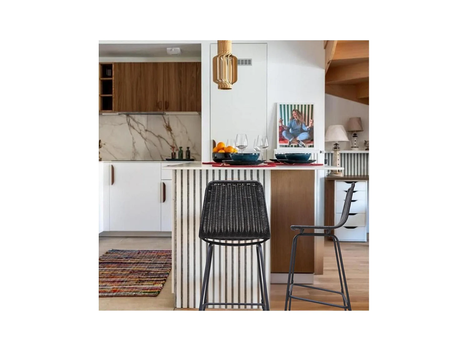 Barhocker-Set aus Metall und Inselhocker mit Rattansitz 65cm KUTA