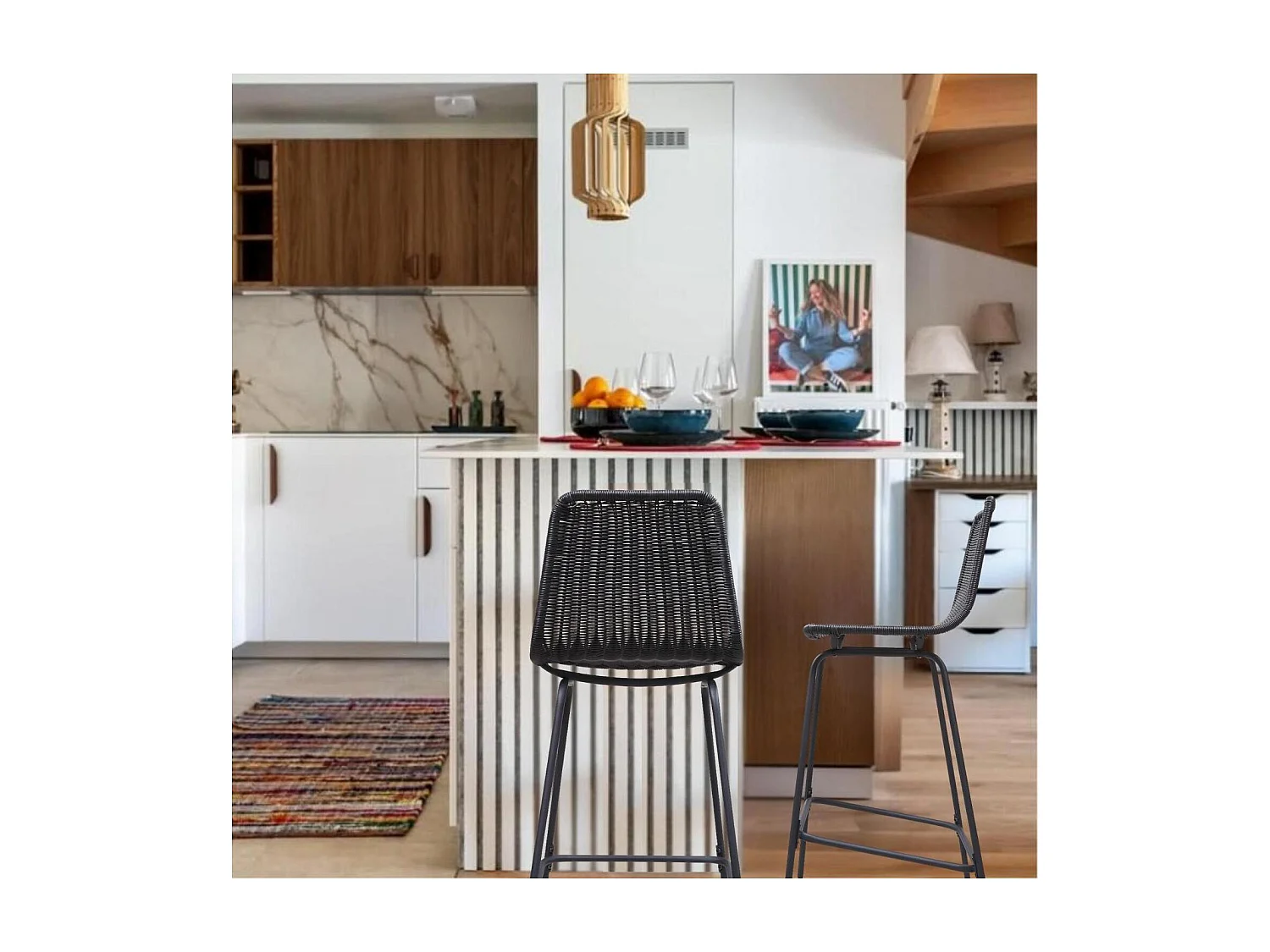 Set metalen bar- en eilandkrukken met rotan zitting 65cm KUTA