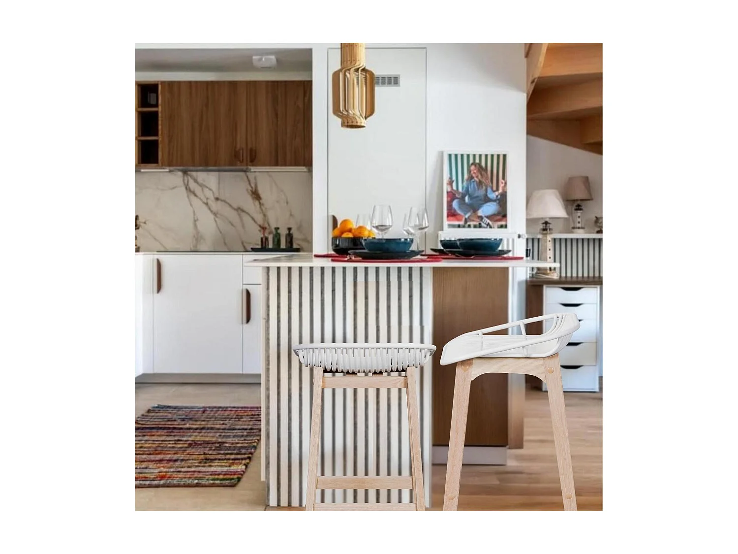 Set van 65 cm MALMO eikenhouten eiland- en barstoelen met kunststof zitting