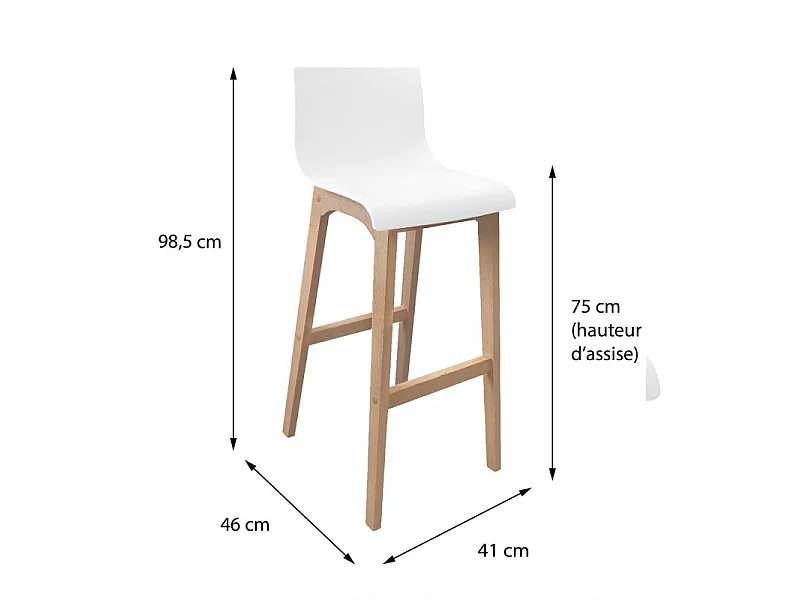 Conjunto de bancos altos de carvalho TANNA de 75 cm com assento de plástico branco