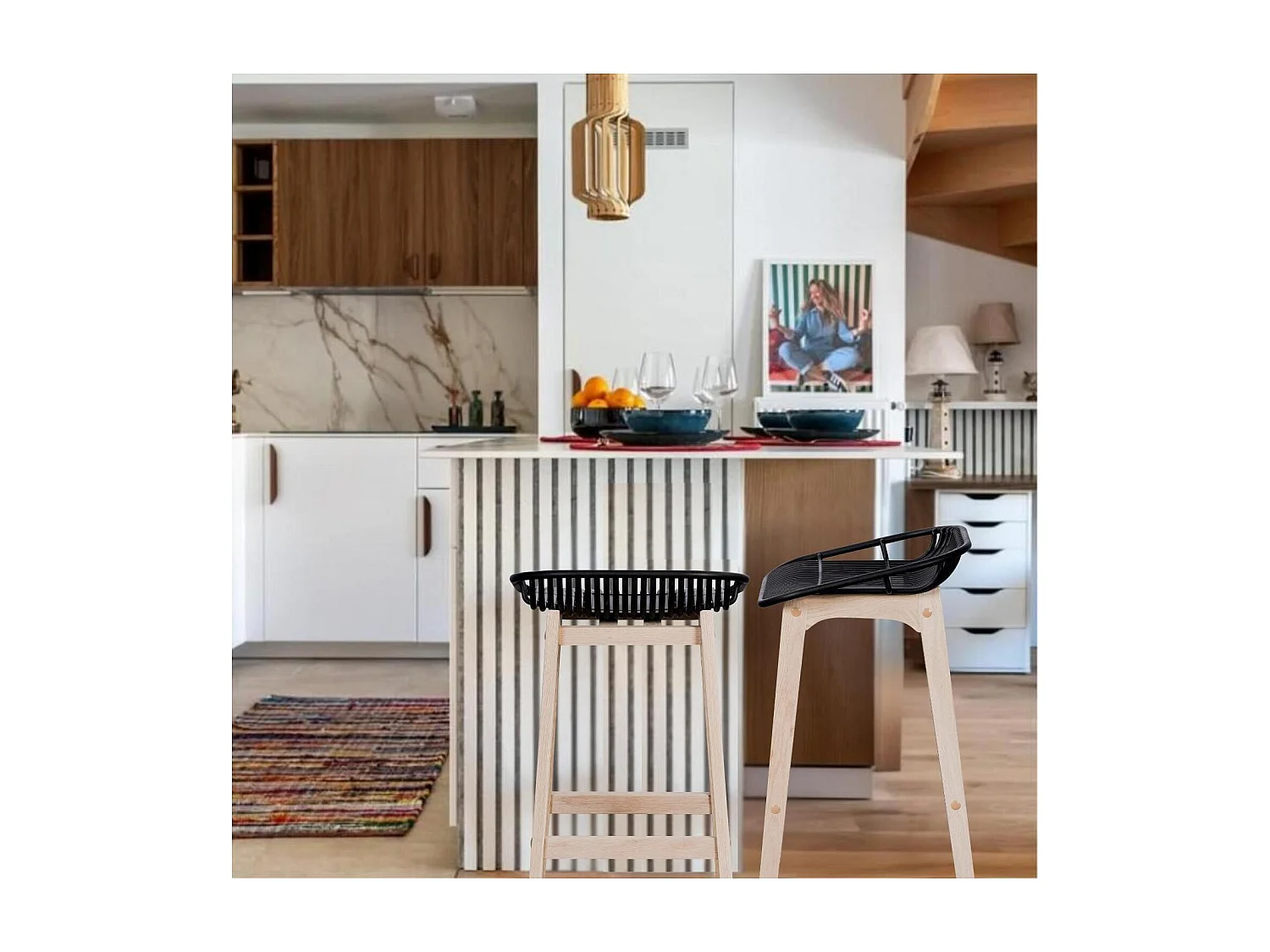 Set van 65 cm MALMO eikenhouten eiland- en barstoelen met kunststof zitting