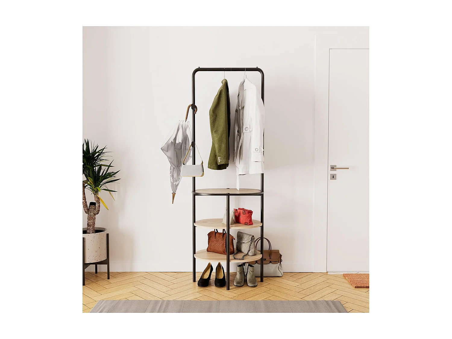 Portant d'entrée rond métal et bois 60x180cm