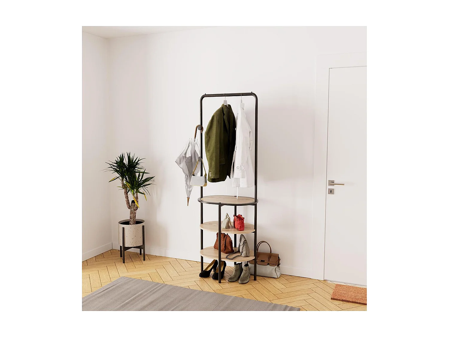 Portant d'entrée rond métal et bois 60x180cm