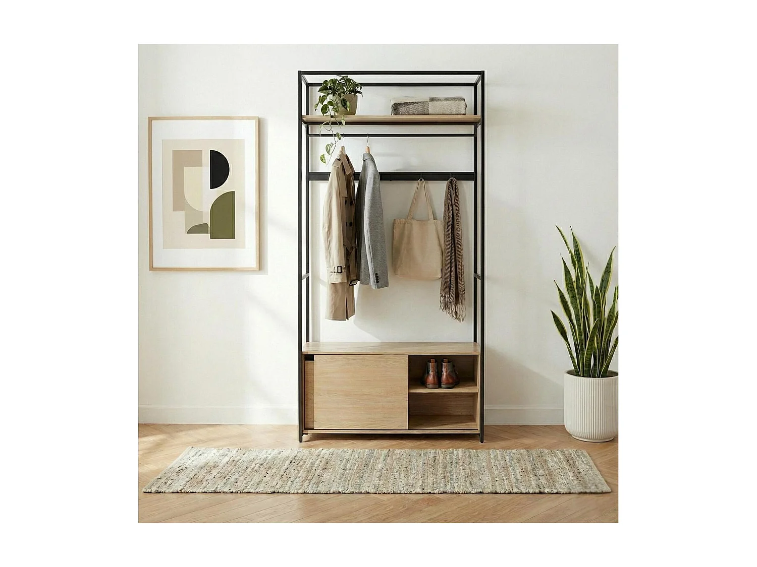 Portant d'entrée en bois et métal noir 110x200cm - rangement fermé et patères