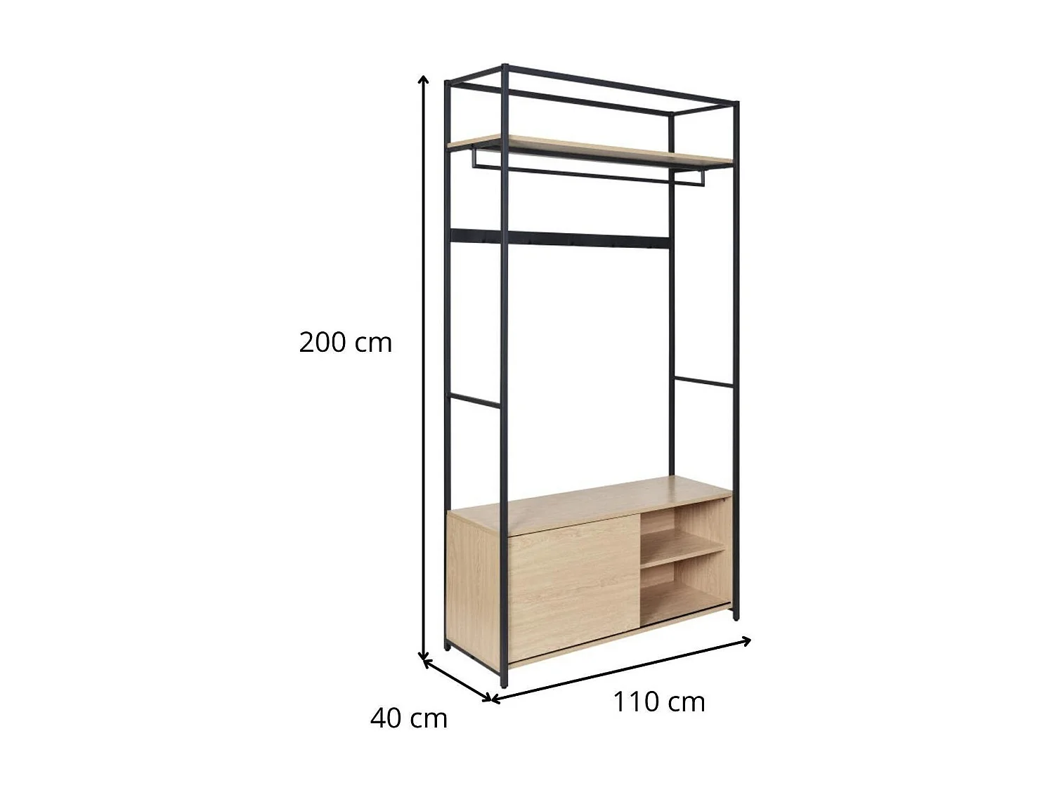 Portant d'entrée en bois et métal noir 110x200cm - rangement fermé et patères