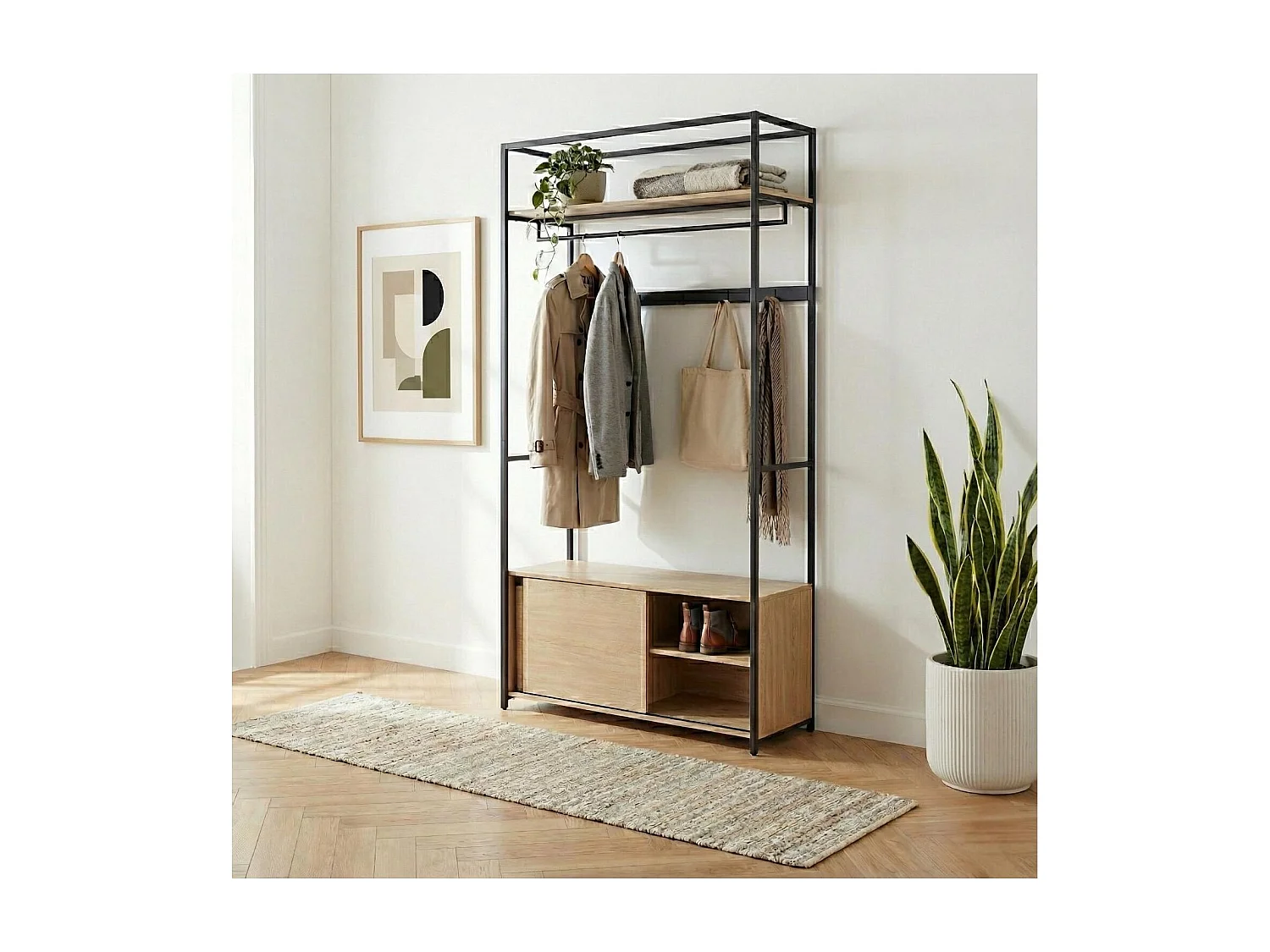 Portant d'entrée en bois et métal noir 110x200cm - rangement fermé et patères
