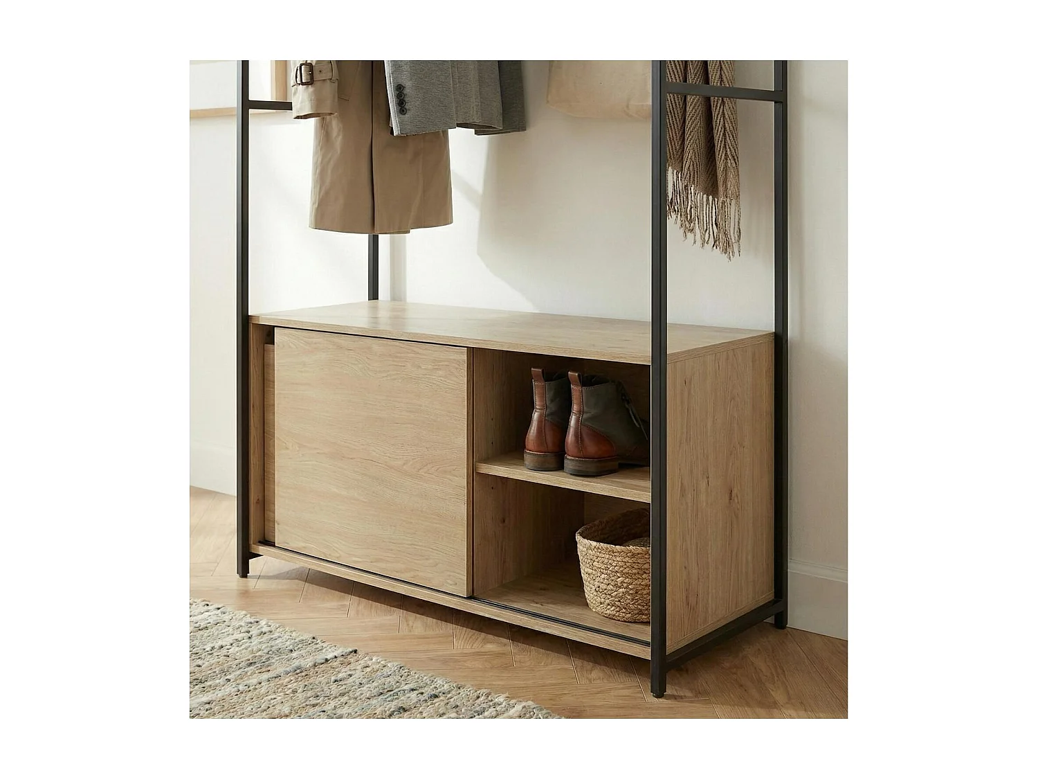 Portant d'entrée en bois et métal noir 110x200cm - rangement fermé et patères