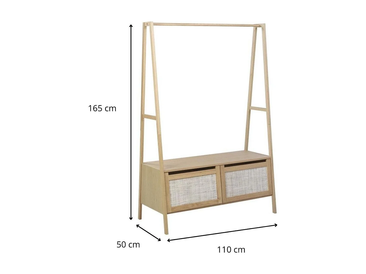 Portant vêtements en bois et cannage 110x165cm - avec rangement fermé